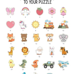 Pu&ograve; includere: Una collezione di colorati pezzi di puzzle in stile cartone animato con vari animali, oggetti e personaggi. Include una farfalla, un arcobaleno, una fragola, un fiore, una principessa, un cuore, un unicorno, un sole, un treno, montagne, una volpe, un orso, un gatto, un cane, un elefante, una giraffa, un leone, una pecora, un coniglio, un cavallo, un'anatra, un dinosauro, una jeep, un aereo, un razzo, una barca a vela e un'auto. Il testo recita "AND ELEMENTS TO YOUR PUZZLE."