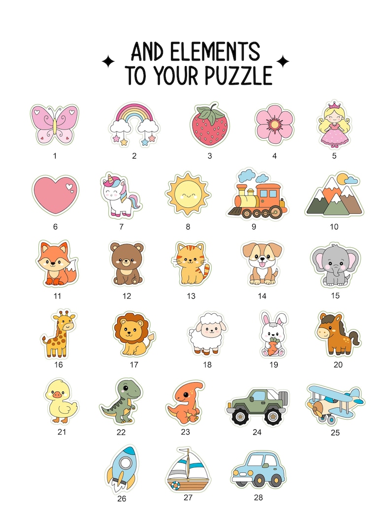 Pu&ograve; includere: Una collezione di colorati pezzi di puzzle in stile cartone animato con vari animali, oggetti e personaggi. Include una farfalla, un arcobaleno, una fragola, un fiore, una principessa, un cuore, un unicorno, un sole, un treno, montagne, una volpe, un orso, un gatto, un cane, un elefante, una giraffa, un leone, una pecora, un coniglio, un cavallo, un'anatra, un dinosauro, una jeep, un aereo, un razzo, una barca a vela e un'auto. Il testo recita "AND ELEMENTS TO YOUR PUZZLE."