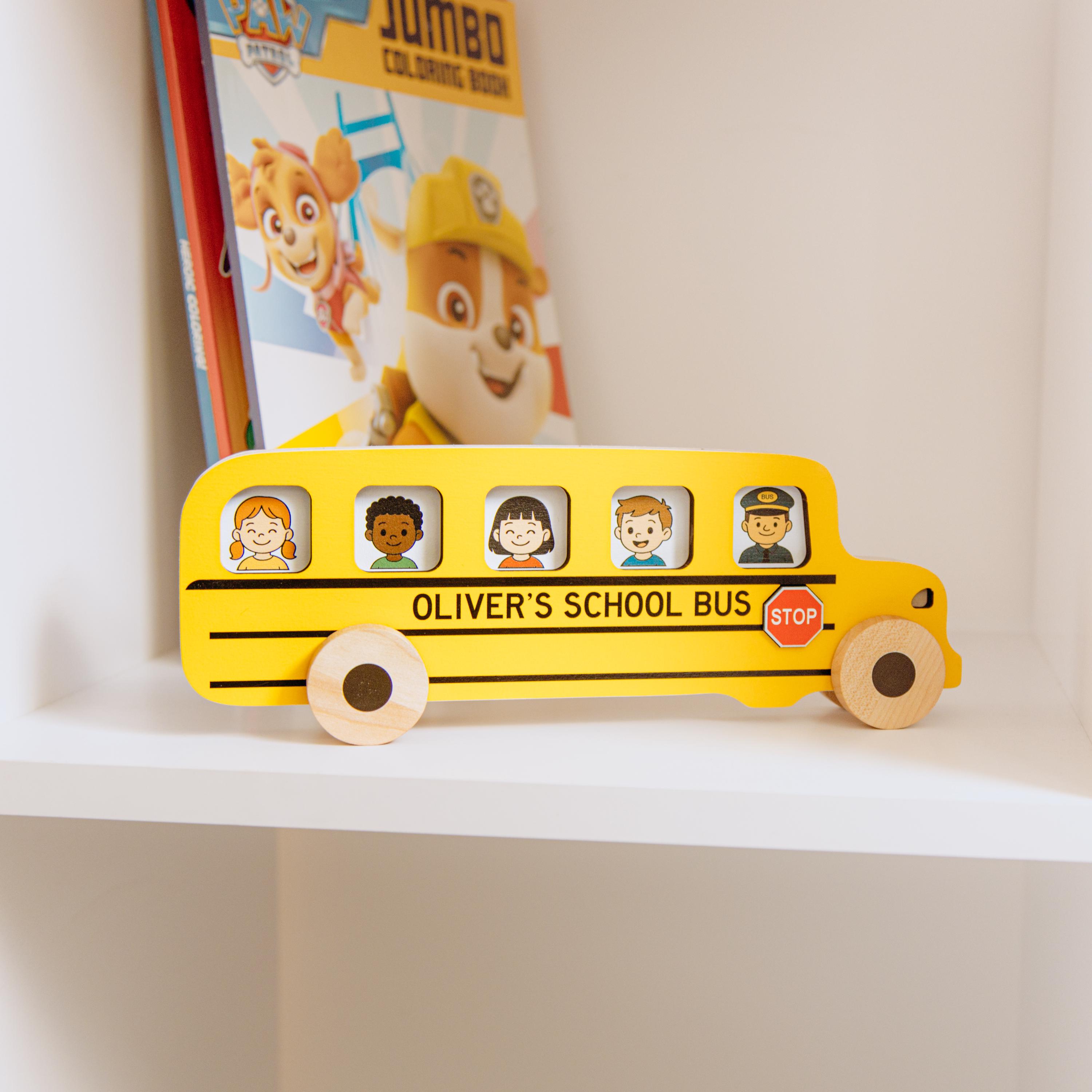 Personalized Wooden Car For Toddler. Eco-friendly School Bus Toy. Sensory Toys. Educational Toy With Small Cards.