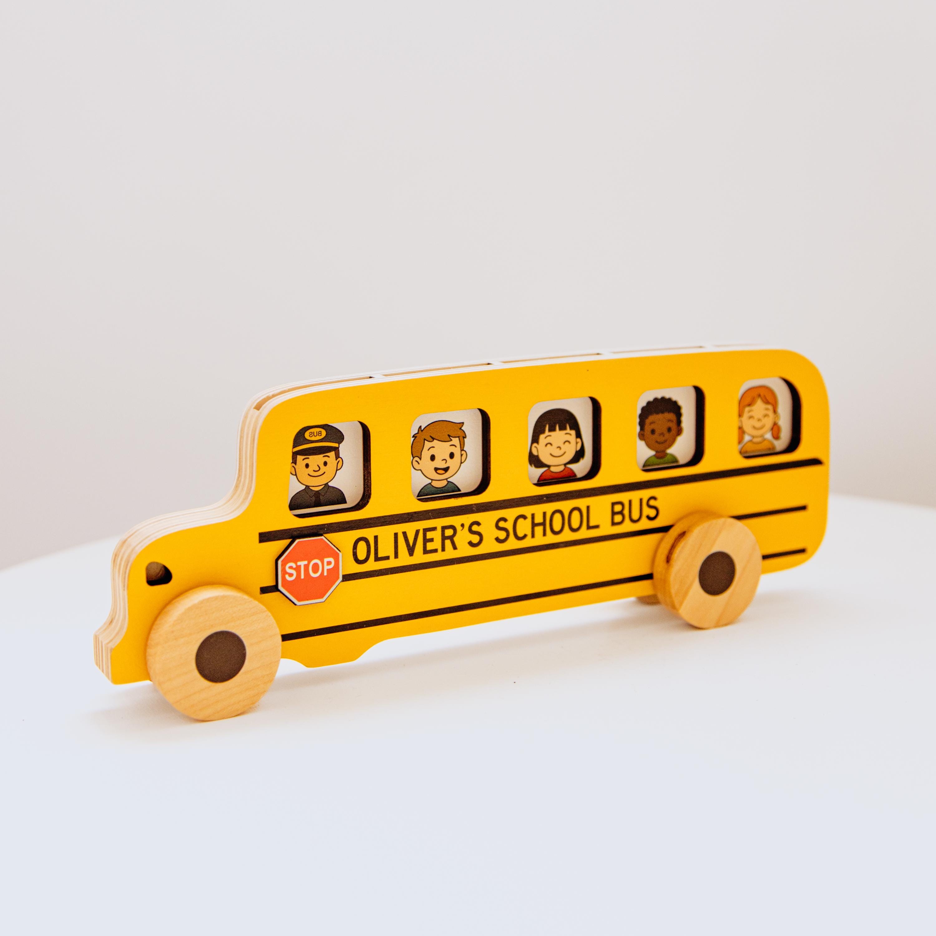 Personalized Wooden Car For Toddler. Eco-friendly School Bus Toy. Sensory Toys. Educational Toy With Small Cards.