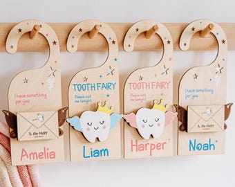 思い出の箱詰め。歯のおもちゃ入れ。幼児への記念品ギフト。パーソナライズされた歯の妖精のドアハンガー。祖父母からの特別な贈り物。