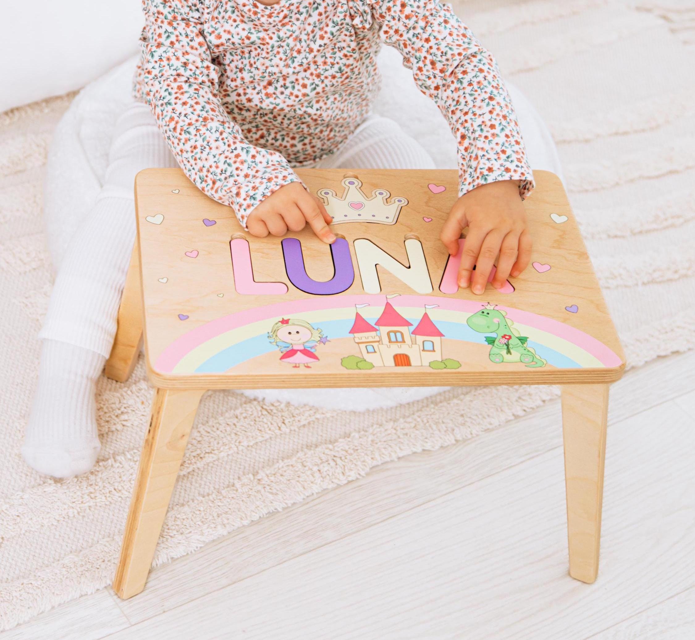 Princess Nursery Decor Toddler Step Stool Personalized Stool Wooden Name Puzzle Stool 1st Birthday Gift Toddler Stools Children Furniture