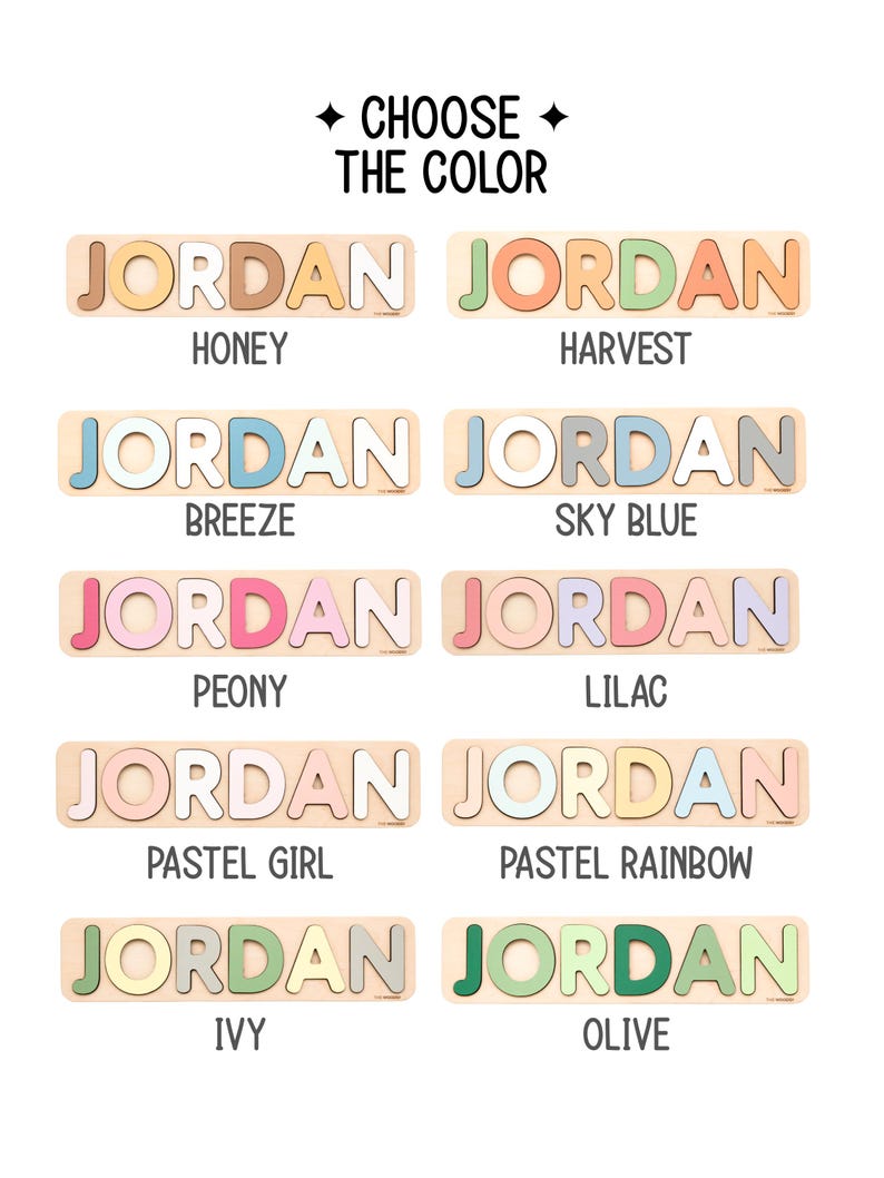 Pu&ograve; includere: Puzzle con nome in legno con il nome "JORDAN" in vari colori, tra cui miele, raccolto, brezza, azzurro cielo, peonia, lilla, ragazza pastello, arcobaleno pastello, edera e oliva. Il testo "SCEGLI IL COLORE" &egrave; in alto.