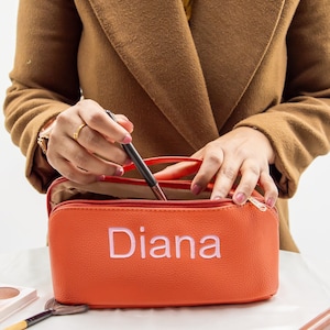 Personalized Leather Makeup Bag: Embroidered Cosmetic Travel Bag