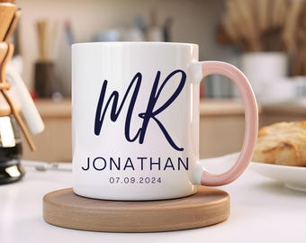 Personalized Mr Mrs Mug Set, Custom Name Wedding Date Ceramic Mug, Newlywed Anniversary Gift