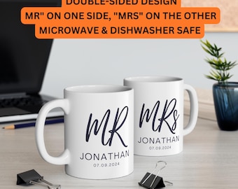 Personalized Mr Mrs Mug Set, His Hers Wedding Gift, Couples Newlywed Anniversary Ceramic Mug