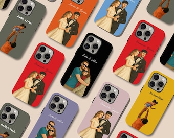Cover per telefono personalizzata con ritratto in stile cartone animato, grafica vettoriale per iPhone 17, 16 e 15.
