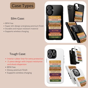 Pu&ograve; includere: Custodie per telefono in bianco e nero con un design a tema libro. Le custodie presentano titoli come "The Finish Line" ed "Exodus". L'immagine include anche testo che descrive le caratteristiche di "Slim Case" e "Tough Case".