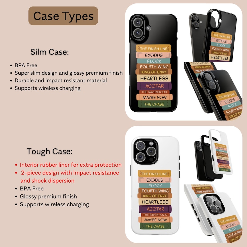 Pu&ograve; includere: Custodie per telefono in bianco e nero con un design a tema libro. Le custodie presentano titoli come "The Finish Line" ed "Exodus". L'immagine include anche testo che descrive le caratteristiche di "Slim Case" e "Tough Case".