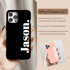 May include: Two personalized phone cases, one black with the name "Jason" and one pink with the name "Olivia". The cases are shown in the hands of two different people. The text "Why Choose Us?" is displayed above the cases, followed by three bullet points describing the benefits of purchasing a personalized phone case.