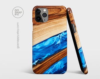 Funda de resina de madera para iPhone 17, 16, 15, 14 y 13 • Diseño rústico y elegante para Galaxy S25, S24 y S23, Pixel 9 y 8 Pro • Impresión epoxi azul madera, diseño natural