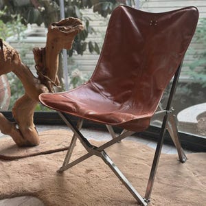 Genuine Leather Butterfly Chair - Portable Folding Stainless Steel Frame - Indoor/Outdoor Accent Chair - With Free Summer Cover,Tailgating.