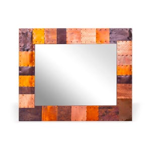 May include: Rectangular mirror with a frame made of copper-colored metal squares. The squares are in shades of orange, brown, and copper, with a riveted design. The mirror is a decorative wall accent.