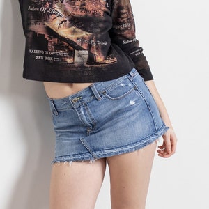 sale LOW RISE Jean Denim Mini Skirt Raw Edge 2000&#39;S Ultra Short Vintage / 38 Inch Hips / Size 6 7