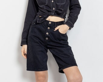 BUTTON FLY BLACK Denim Longline Jean Shorts Denim Jorts Vintage Relaxed Fit Women / Small / 26" Waist / Size 4