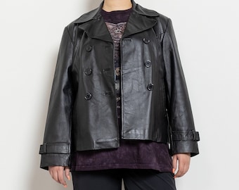 BLACK LEATHER JACKET Vintage Blazer Coat Woman fall Spring 90's Oversize / Extra Large