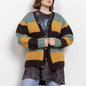 CHUNKY WOOL STRIPE Cardigan Cardi Sweater Jumper Mustard Mint Oversize Knitwear / Large Xl Extra Large image 2
