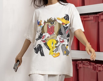 LOONEY TUNES OFFICIAL Vintage Short Sleeve T-Shirt Cartoon Oversize Ripped Soft Thin / Large Xl Extra