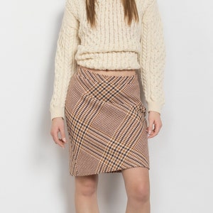 PLAID WOOL MIDI Skirt High Waist Vintage Women Beige Cream Minimalist / 36 Inch Hips / Size 2 3