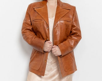 70'S LEATHER JACKET BROWN Caramel Oversize Blazer Coat / Medium Large