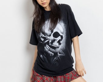 SKULL LEATHER JACKET Black Cotton T-Shirt Vintage Y2K Spooky Scary Halloween / Medium