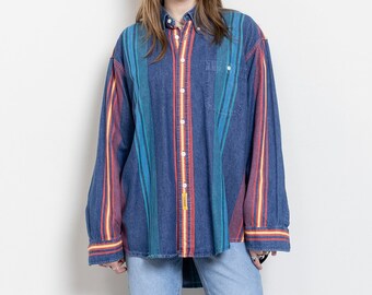 STRIPE DENIM SHIRT Vintage Stripes Blue Jean Cotton Menswear Workwear Work Shirt 90's Oversize / Extra Large