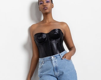BLACK CORSET Fredericks Of Hollywood Vintage Bustier Satin / Medium Large