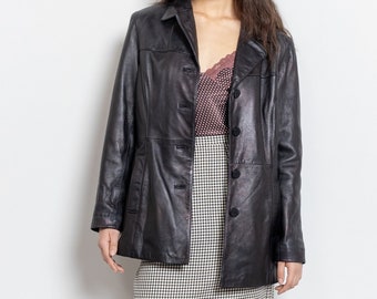 SHIMMERY LEATHER TRENCH Jacket Blazer Women Black Purple Iridescent Vintage 90's / Medium Large