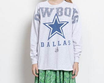 DALLAS COWBOYS LONG Sleeve Vintage Heather Grey Large Print 80's T-Shirt Crew Neck / Large