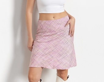 Falda midi vintage a cuadros rosas, tiro bajo, acrílica, talla 8