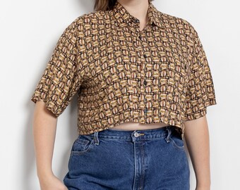 OXFORD CROP TOP Cropped Geometric Collared Vintage Short Sleeves Rayon Summer / Large Xl