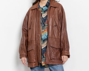 TIMBERLAND LEATHER JACKET Faded Worn In Distressed Longline Oversize Armchair Vibes / Small