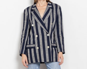 STRIPE LINEN BLAZER Double Breasted Vintage Jacket Coat Oversize Slouchy Small