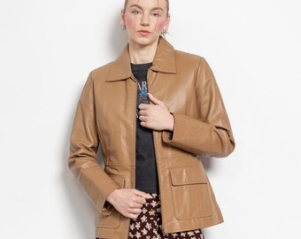 BROWN LEATHER BLAZER Vintage Jacket Coat Trench Woman Spring Fall 90's / Small