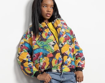 Vintage Watercolor Silk Bomber Jacket -80s/90s Bright Silk Jacket