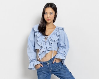 RUFFLED DENIM CROP Top Corset Eyelet Vintage Embroidered Low Cut Cropped / Small Medium