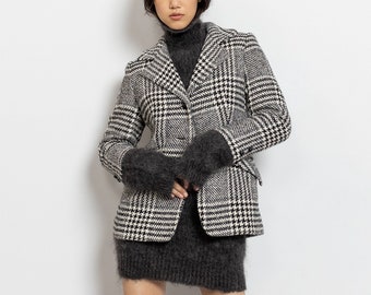 WOOL HOUNDSTOOTH BLAZER Vintage Black And White Jacket 60's Coat Structured Montaldo's / Small Medium