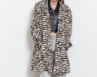 FAUX FUR JACKET Trench Vintage Zebra Animal Print Black And White Coat Y2K / Medium Large