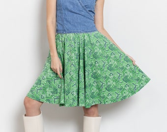 GREEN BANDANA 60'S CIRCLE Skirt Vintage Faded Cotton Summer High Waist Fun Picnic Wear / Small