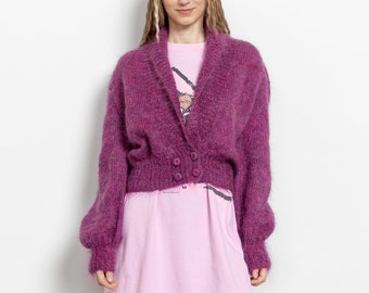 ROSE FUZZY grand-mère chauve-souris en mohair pull fait main tissage ample cardigan rose transparent/moyen