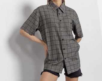 CHECKERED COLLARED OXFORD Button Up Short Sleeves Oversize Basics 90's Black White / Medium Large