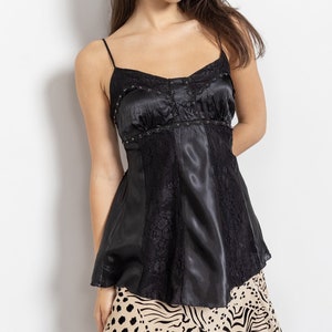 BLACK LACE SLIP Spaghetti Straps Mini Party Dress Lingerie Vintage Beaded / Small
