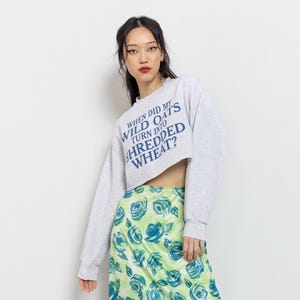 Verkauf von CROPPED FUNNY SWEATSHIRT Vintage Grafik Langarm Heather Grey Pullover 90&#39;s Oversize Wild Oats / Medium