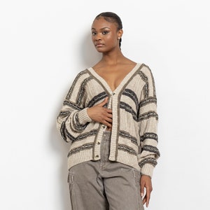 VINTAGE DAD CARDIGAN Cotton Stripes Pattern Knit Sweater Black Brown Beige Cream 90&#39;s Oversize / Medium