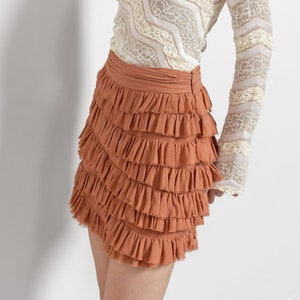 RUFFLED Y2K MINI SKIRT Vintage Silk 2000&#39;S Tan Frilly / 35 Inch Hips / Size 2