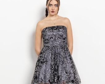 Vestido de fiesta metálico con efecto esponjado, negro, sin tirantes, tubo, vintage, mediano