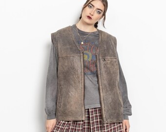 LEATHER VEST Toskana Vintage Fleece Lining Soft Winter Jacket Brown Patina / Extra Large Large