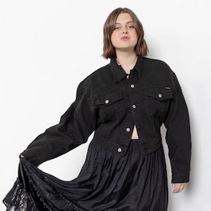 BLACK CROPPED DENIM Jacket Jean Coat Vintage Slouchy Oversize Large / Xl Extra Large