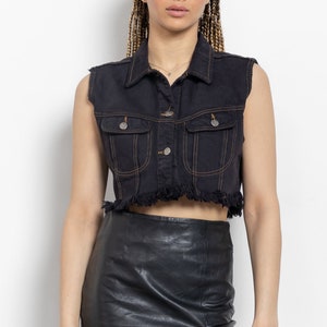 BLACK CROPPED VEST Frayed Hem Cut Off Jean Crop Top Sleeveless / Small Medium