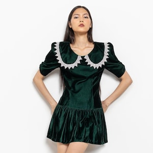 VESTIDO DE VELUDO PARA FESTAS Mini Cocktail Verde Rendado Veludo Vintage Anos 60 / Pequeno Médio